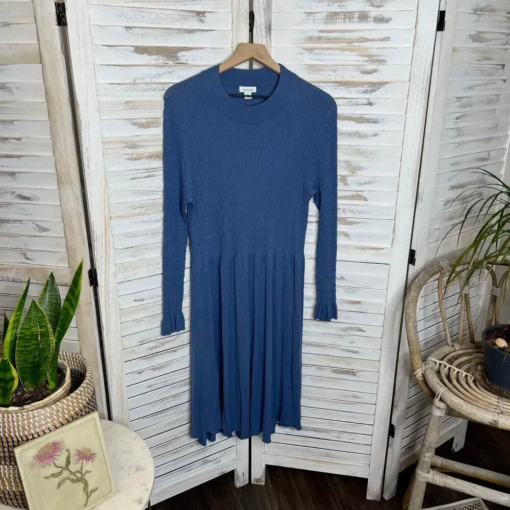 SUNDANCE Nature's Hue High Neck Ruffle Sleeve Midi Dress Blue Medium - Picture 7 of 14